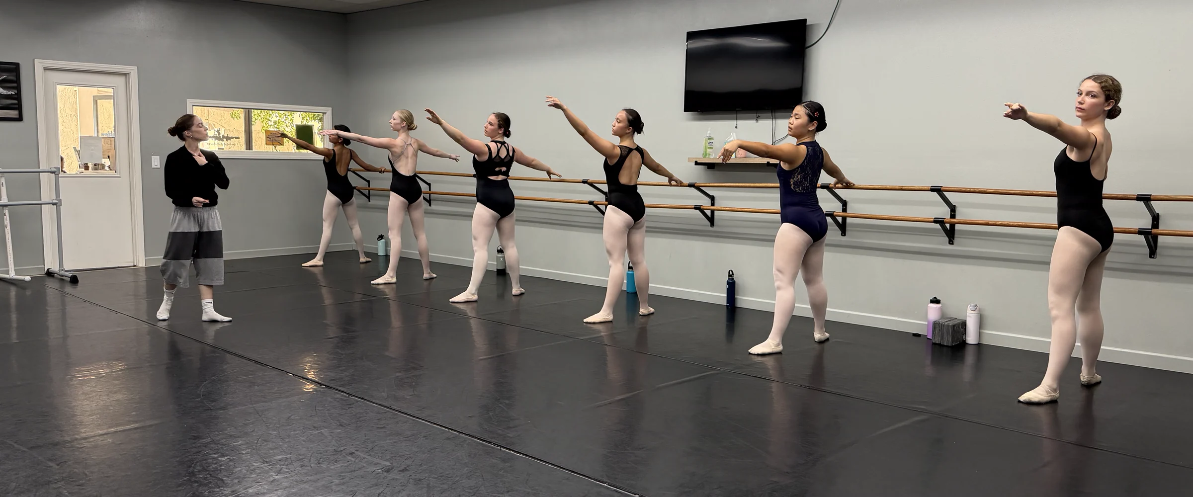 Serendipity dancers practicing ballet at the barre with their teacher
